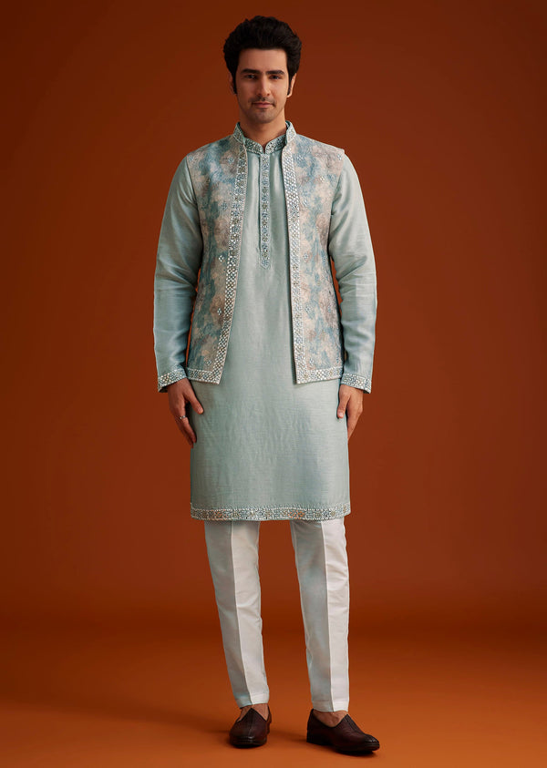 Grey Kurta Pant Set With Mirror Work Nehru Jacket