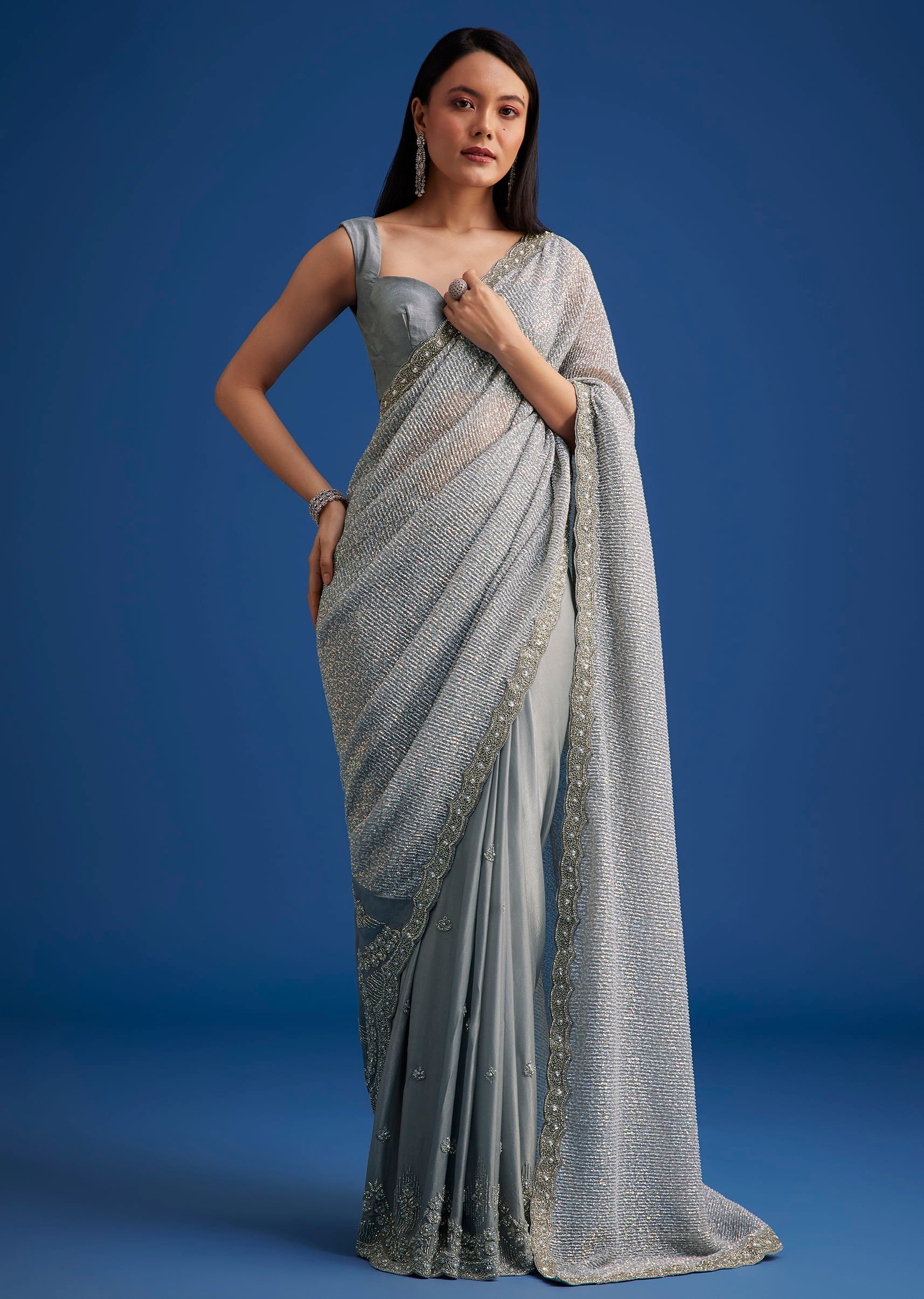Grey Sequins Saree With Scalloped Embroidered Border