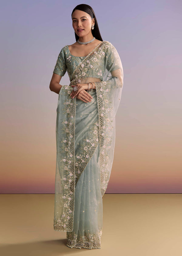 Grey Tissue Saree With Floral Embroidery And Cutwork Border