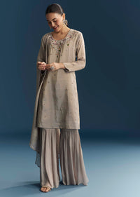 Grey Tissue Sharara Suit With Zardosi And Resham Embroidery