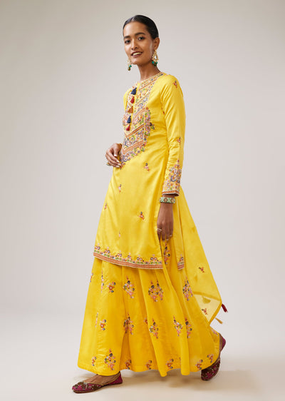 Haldi Yellow Thread Embroidered Palazzo Suit With Dupatta