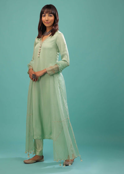 Mint Green Bemberg Satin A Line Suit With Moti Tassels And Organza Dupatta