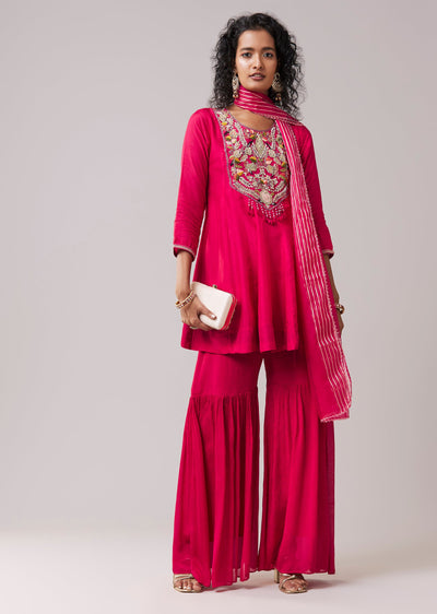 Hot Pink Chinon Silk Kurta Sharara Set