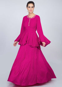 Hot Pink Lehenga In Cotton With Weaved Buttis And Matching Peplum Top