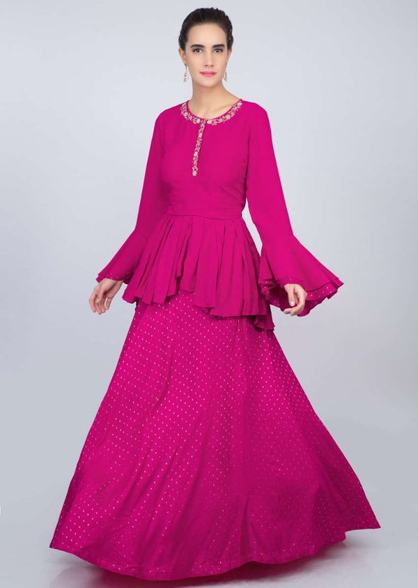 Hot Pink Lehenga In Cotton With Weaved Buttis And Matching Peplum Top