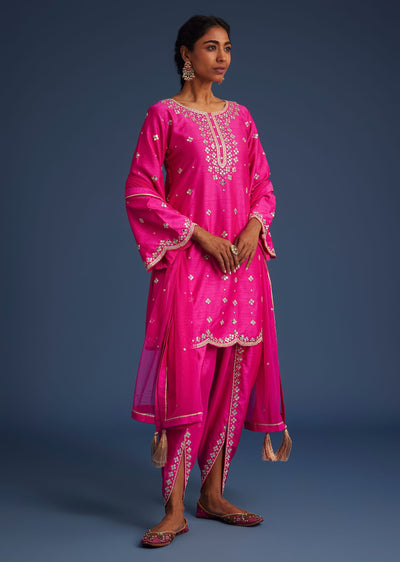 Hot Pink Silk Embroidered Kurta Dhoti Set