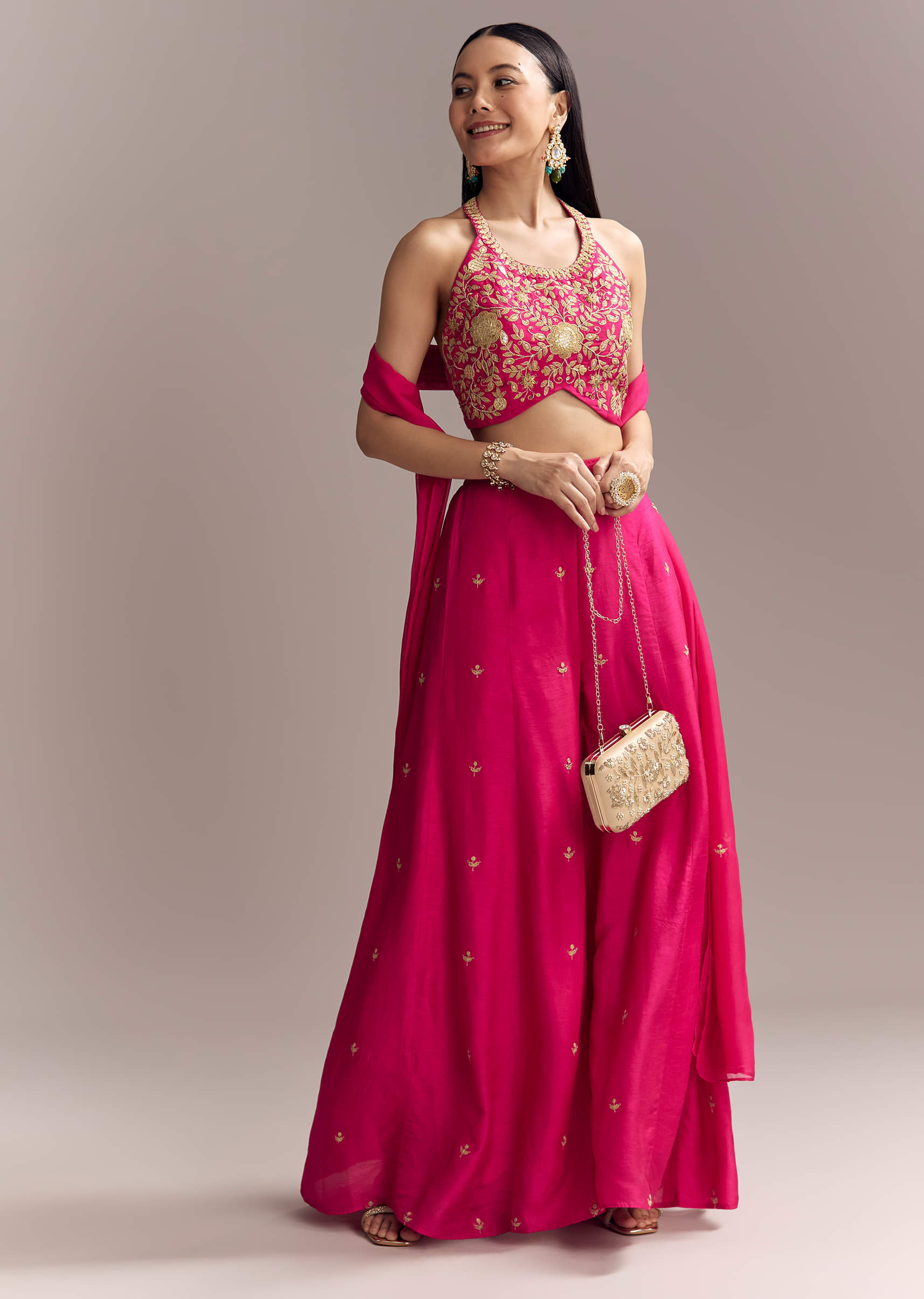 Hot Pink Silk Indo Crop Top And Palazzo Set With Zari Embroidery