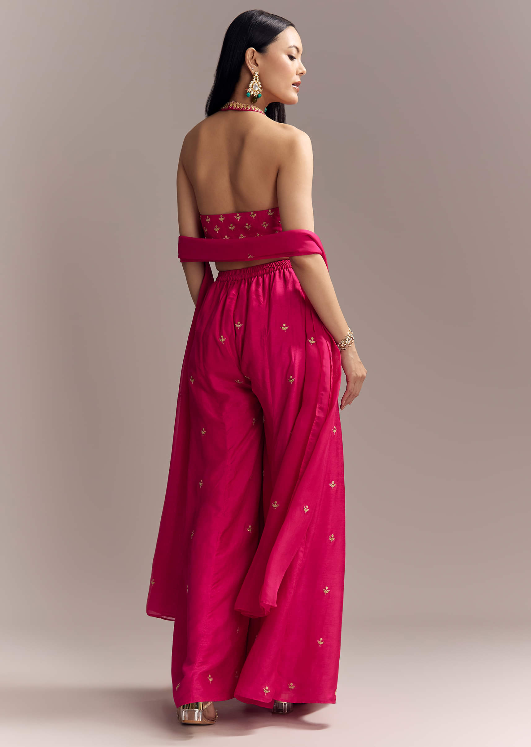 Hot Pink Silk Indo Crop Top And Palazzo Set With Zari Embroidery