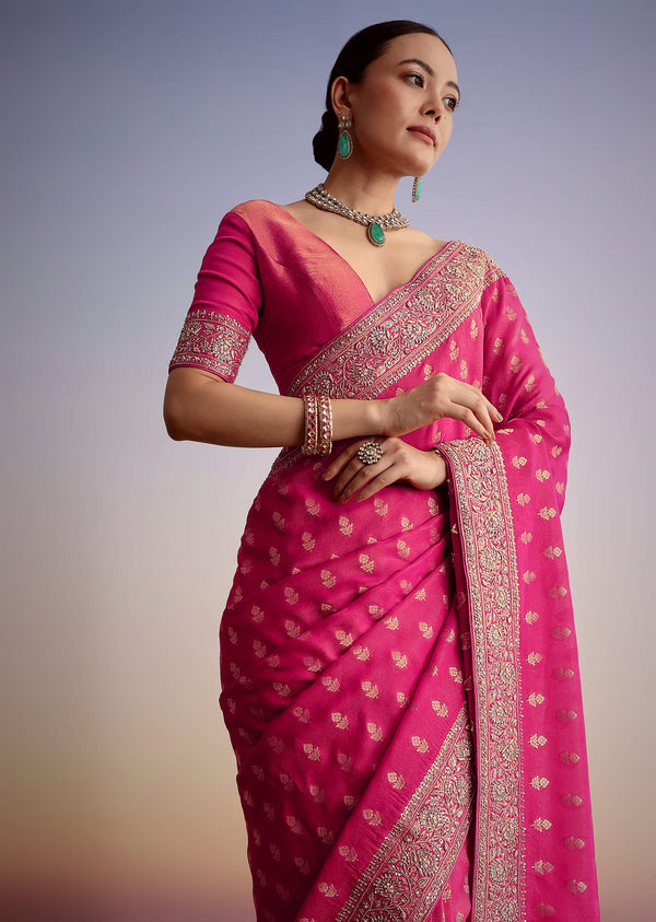 Hot Pink Silk Saree With Heavy Embroidered Border And Pallu