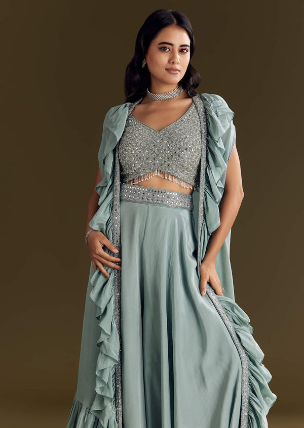 Ice Blue Crepe Croptop And Palazzo Set With Ruffled Jacket