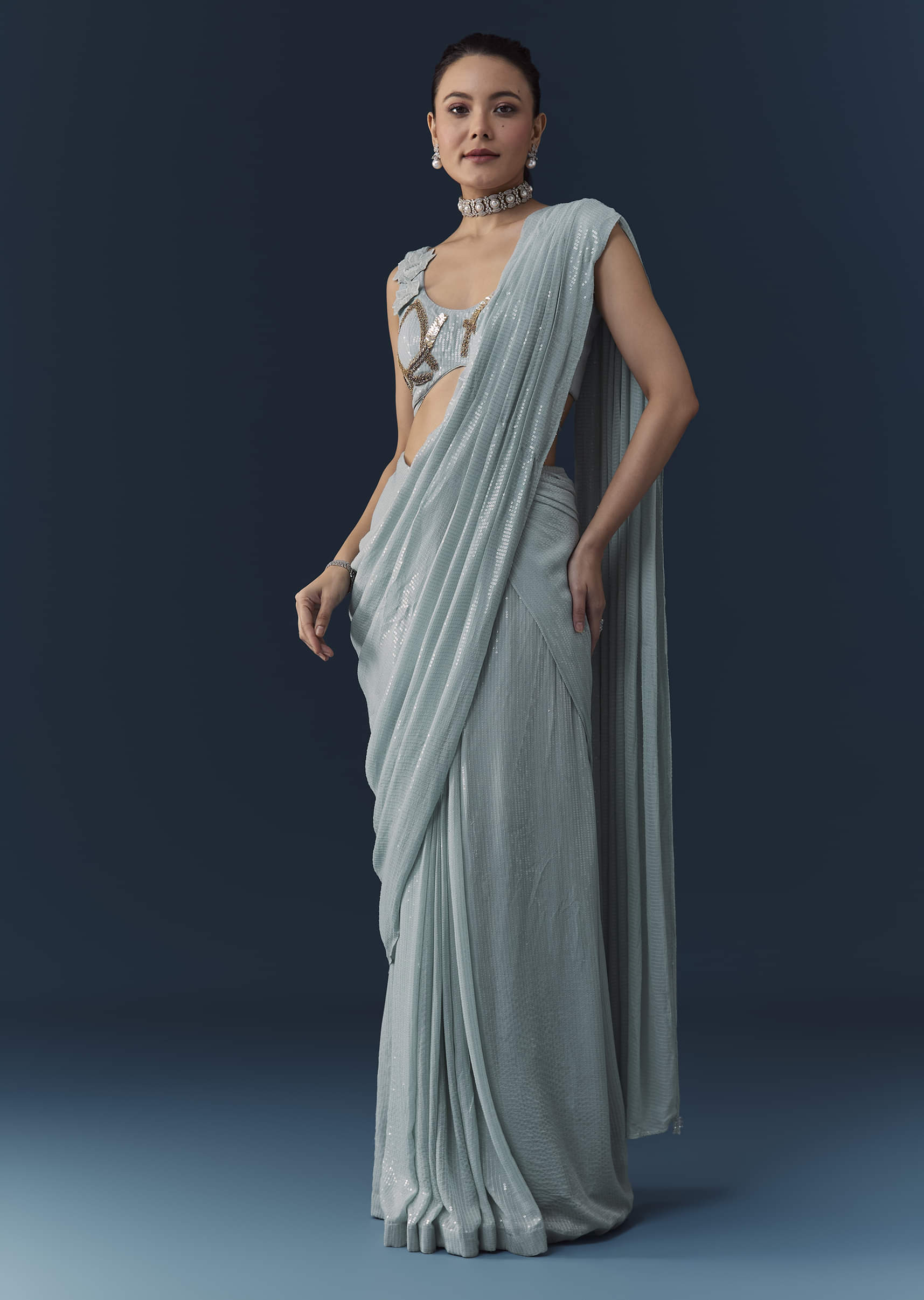 Ice Blue Pre Pleated Saree with Sequin Embellished Blouse