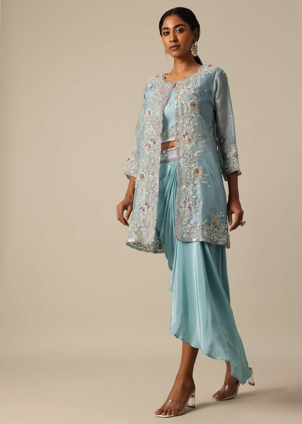 Ice Blue Organza Jacket And Dhoti Set