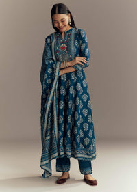 Indigo Blue Muslin Printed Anarkali Suit