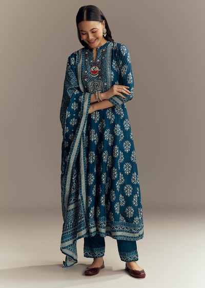 Indigo Blue Muslin Printed Anarkali Suit