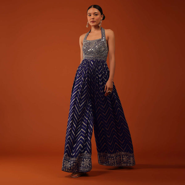 Indigo Blue Silk Jumpsuit With Zari And Abla Work