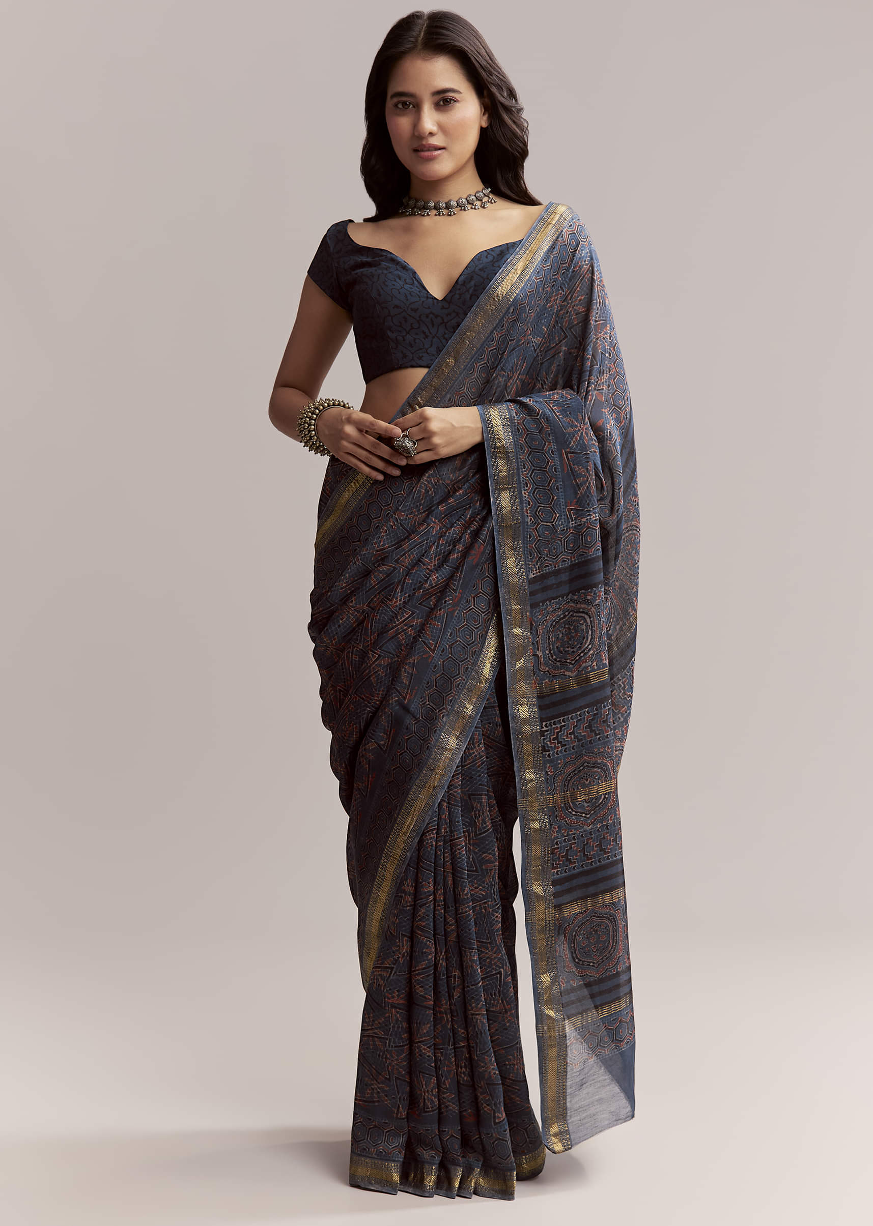 Ink Blue Linen Printed Saree With Hand Block Ajrakh Leaf Print
