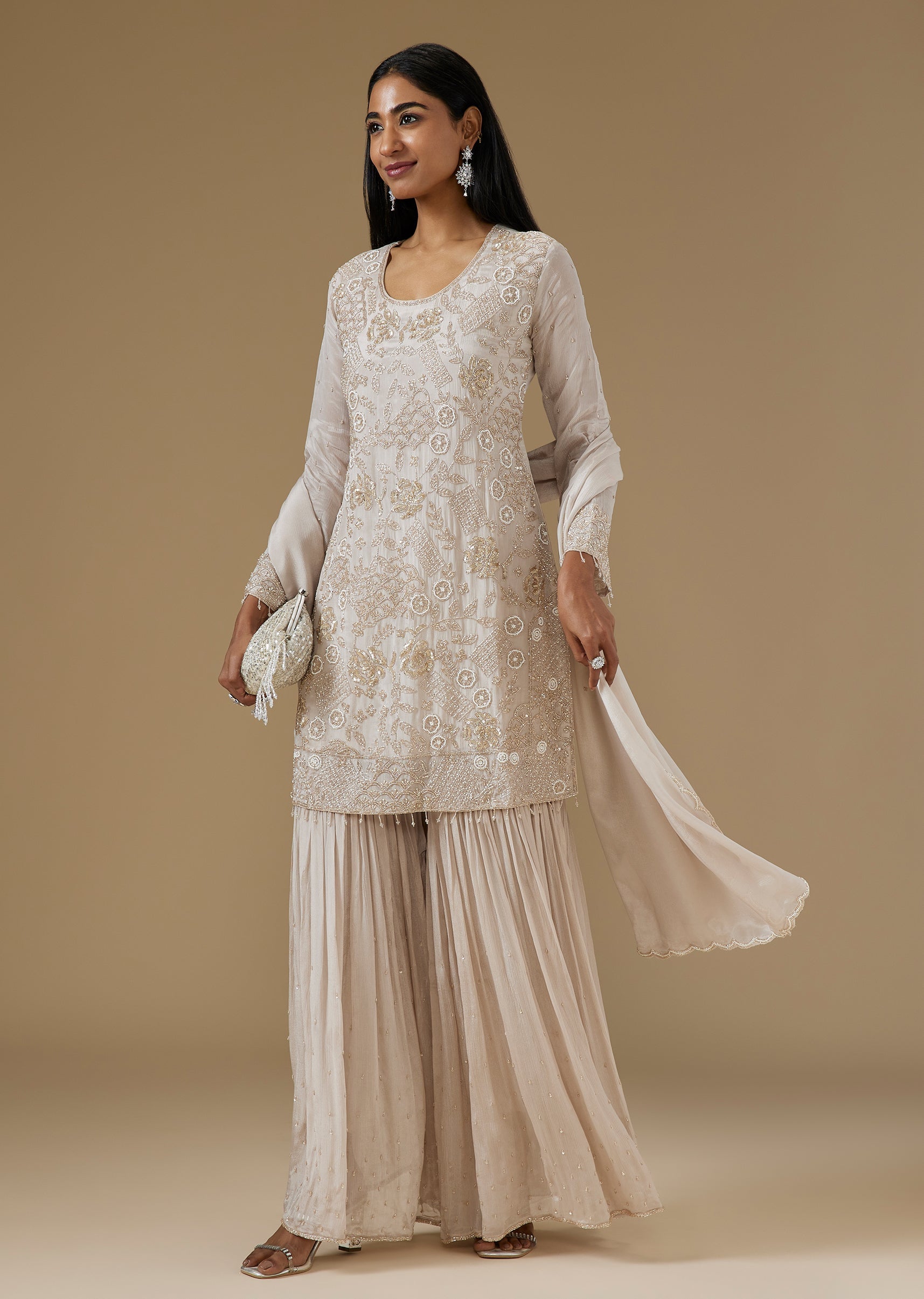 Ivory Chinon Sharara Suit With Moti Cut Dana And Sequin Embroidery