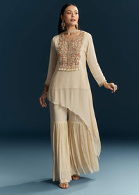 Ivory Chinon Sharara Suit With Zardosi Work