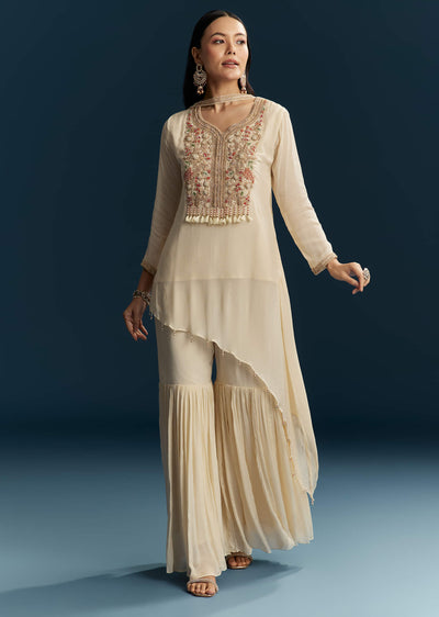 Ivory Chinon Sharara Suit With Zardosi Work