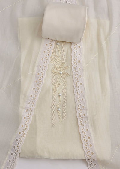 Ivory Cotton Lace Embroidered Unstitched Suit Set With Dupatta