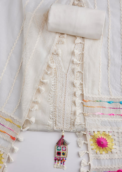 Ivory Cotton Lace Work Unstitched Suit Set With Dupatta
