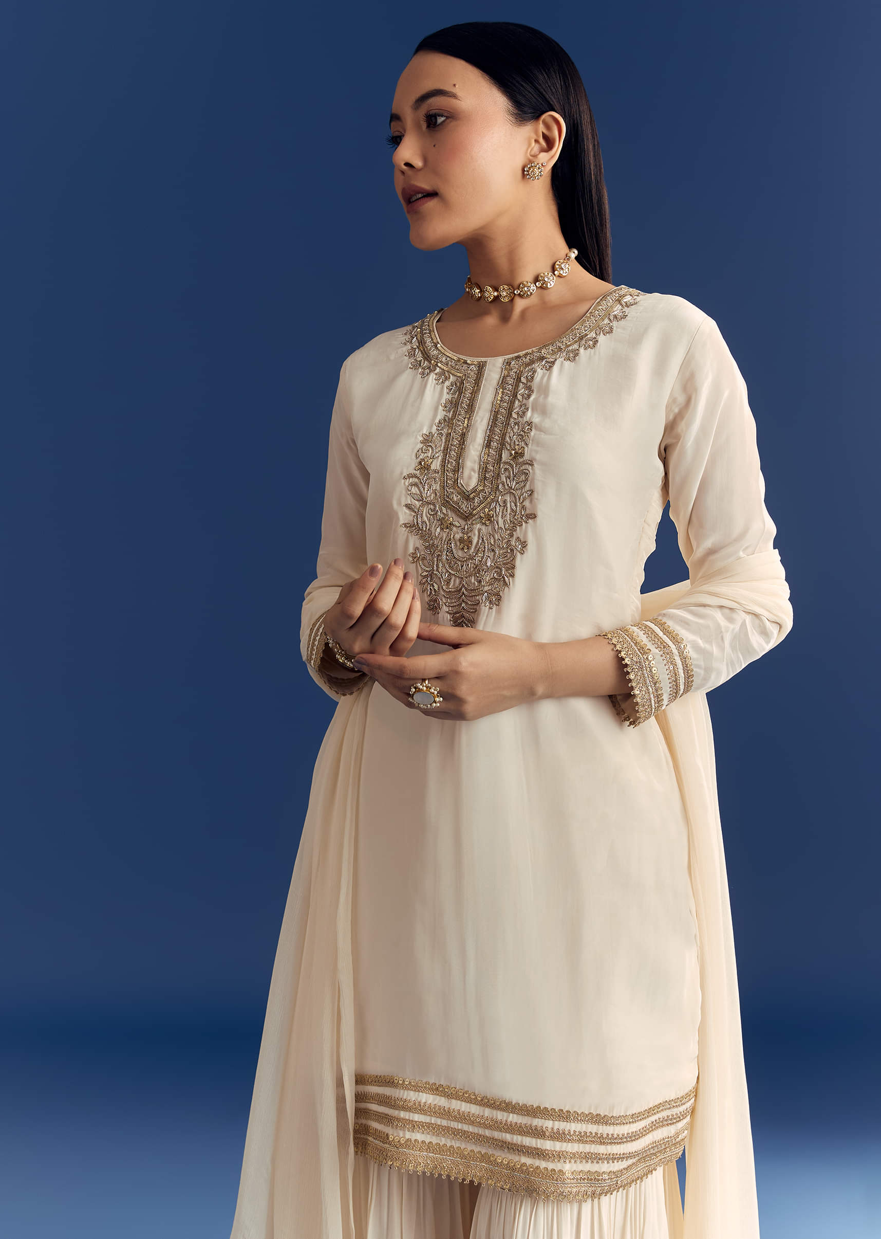 Ivory Zardosi Work Crepe Kurta Sharara Set