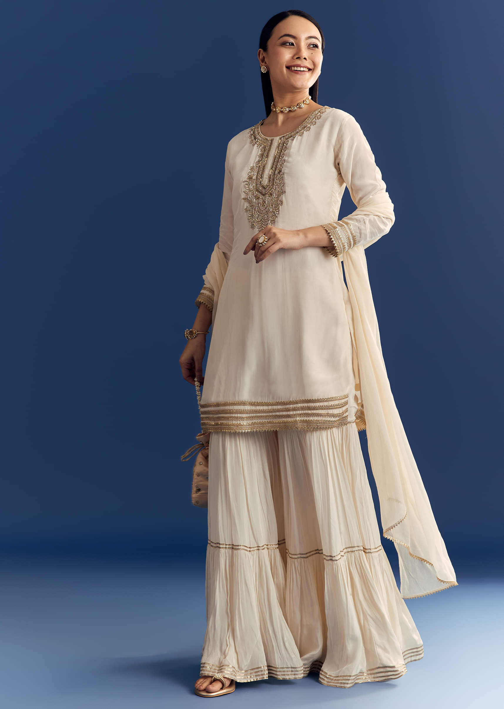 Ivory Zardosi Work Crepe Kurta Sharara Set