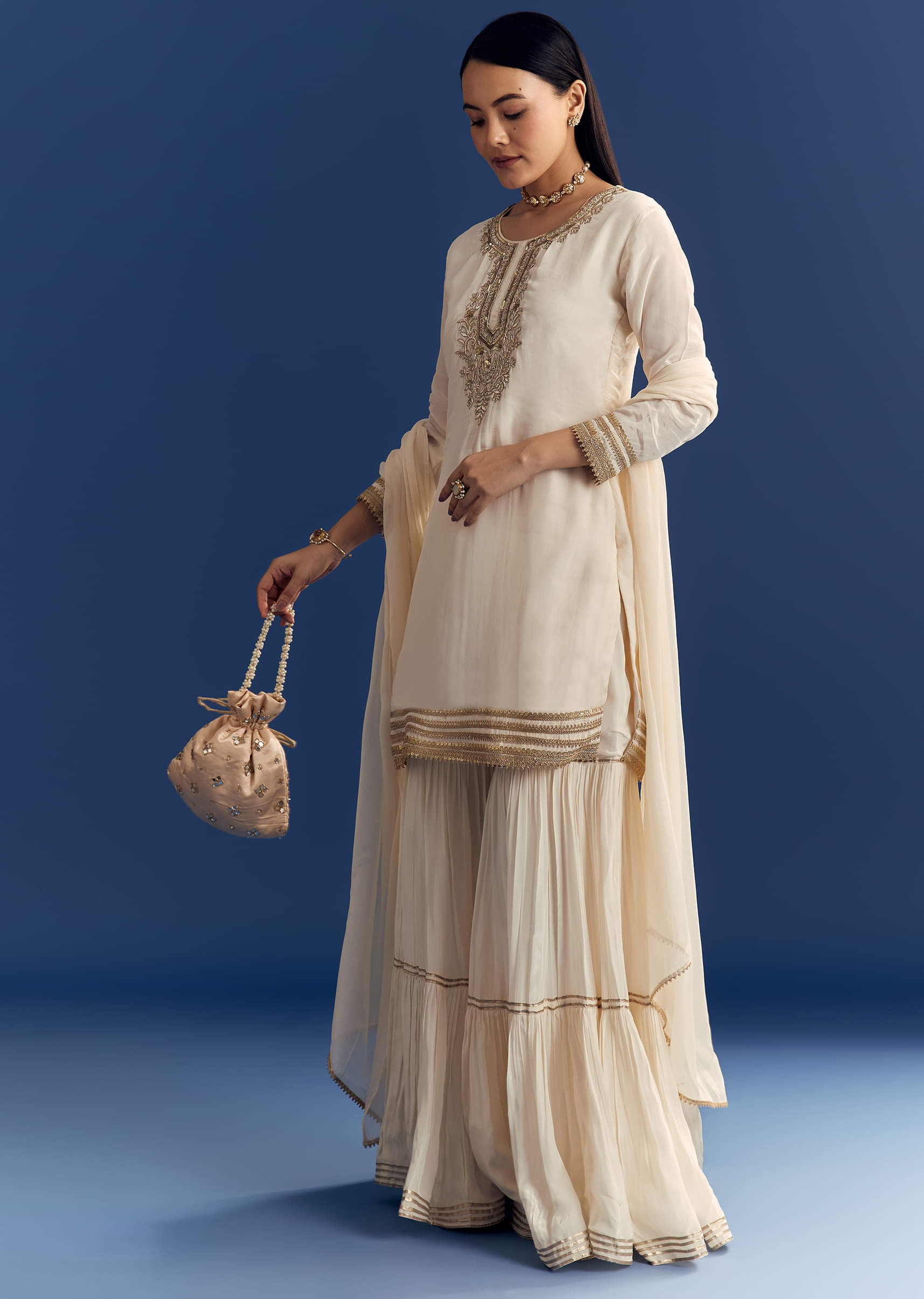 Ivory Zardosi Work Crepe Kurta Sharara Set