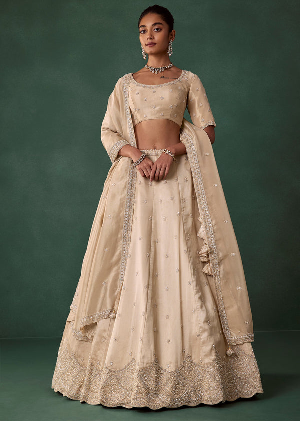 Ivory Embroidered Tissue Bridal Lehenga Set with Cutdana