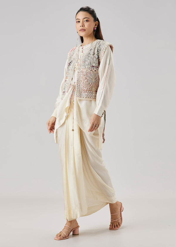 Ivory Floral Printed Jacket And Drape Skirt Set