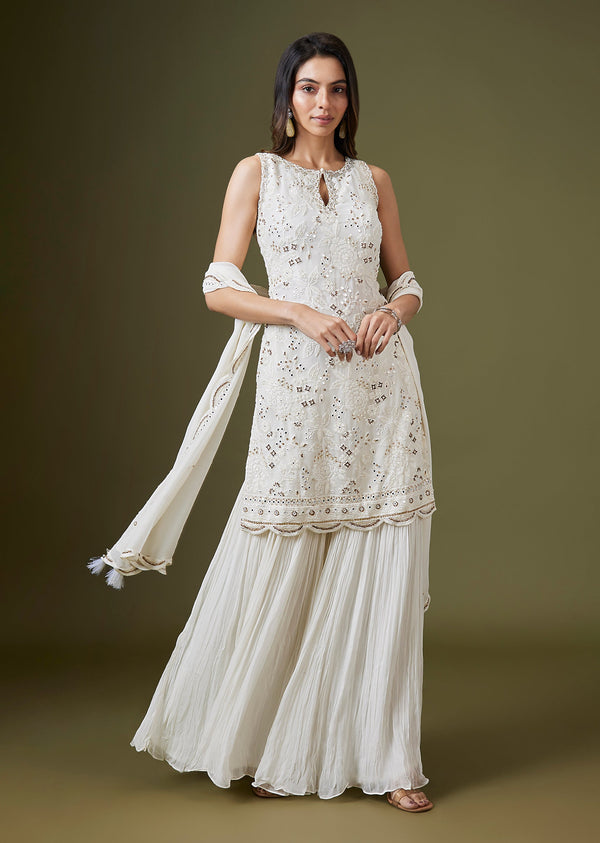 Ivory Georgettte Mirror Embellished Sharara Suit Set