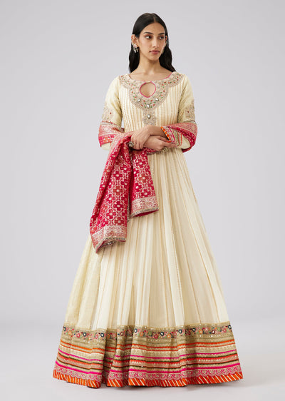 Ivory Georgette Hand Embroidered Anarkali With Gotta Lace Detail