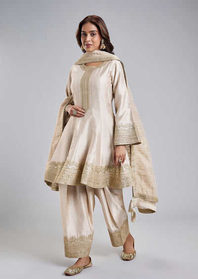 Ivory Gold Bemberg Silk Kurta Set With Zari Lace Work And Dupatta