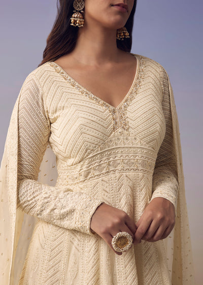 Ivory Lucknowi Anarkali with Dupatta