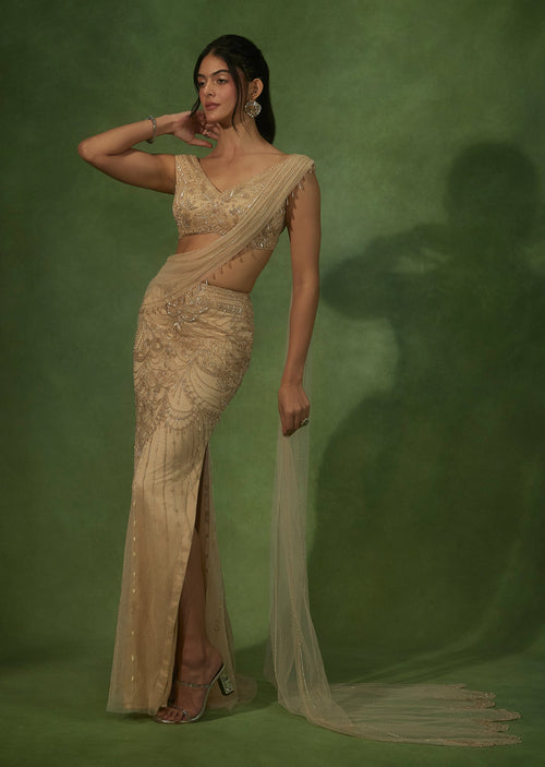 Ivory Net Hand Embroidered Bridal Indo Western Set With Attached Dupatta Cape