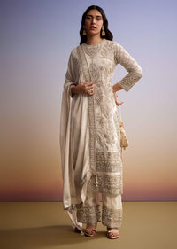 Ivory Organza Palazzo Suit With Moti And Zari Embroidery