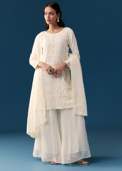 Ivory Organza Sharara Set With Resham And Moti Work