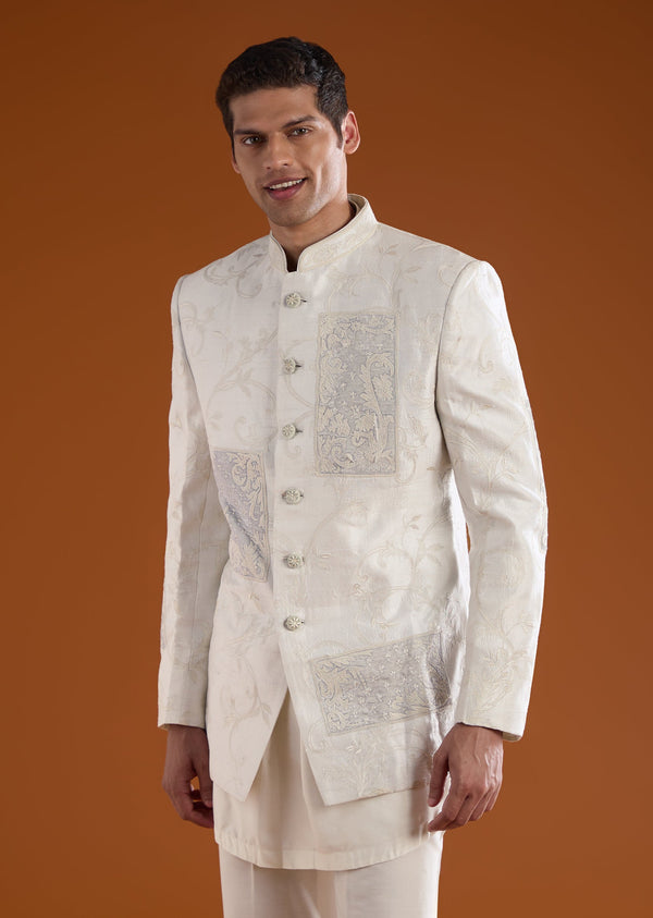 Ivory Rawsilk Indowestern Kurta Set with Dori Embroidery
