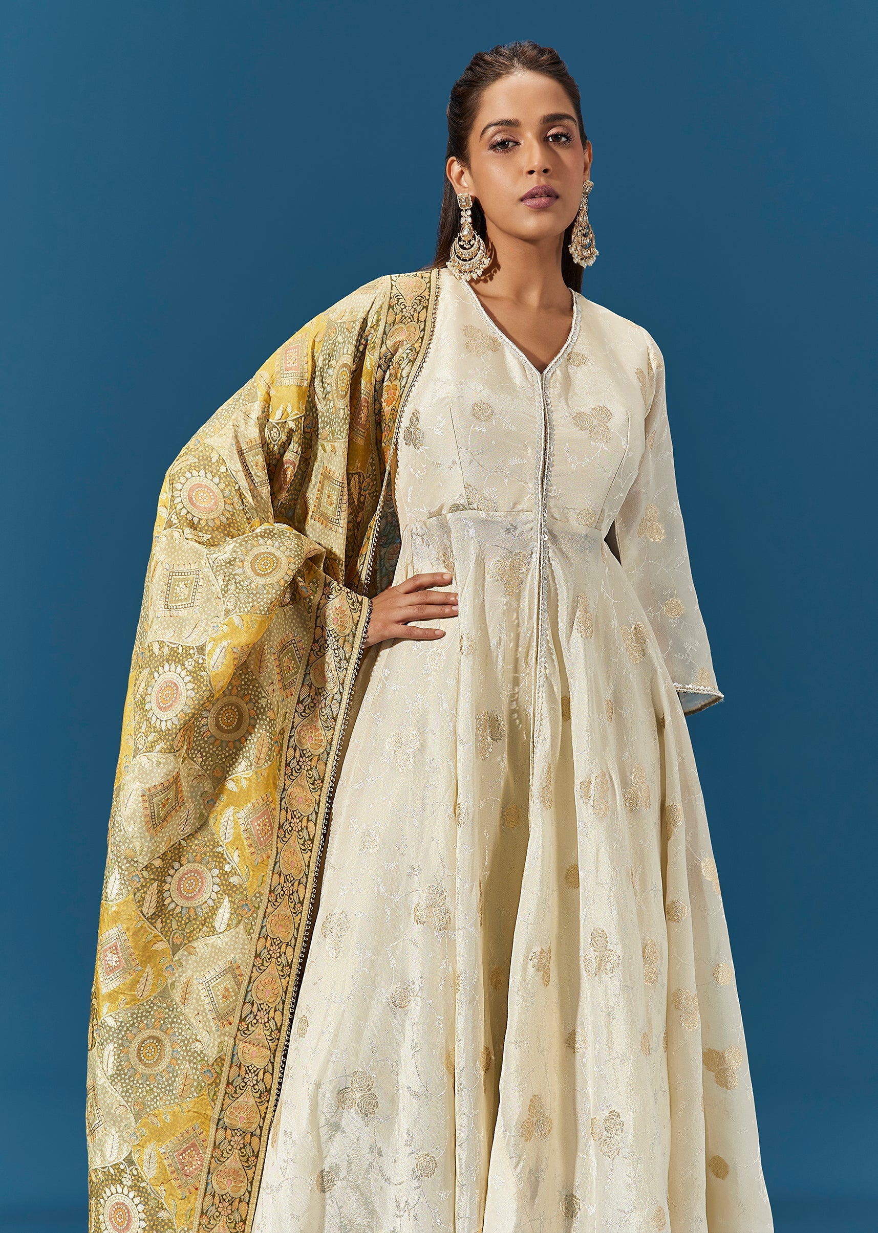 Ivory Russian Silk Anarkali Suit With Woven Floral Motifs And Banarasi Dupatta