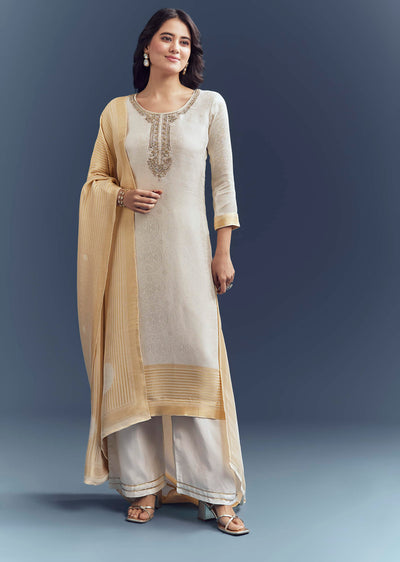 Ivory Silk Kurta Set With Jacquard Weave And Zardosi Work
