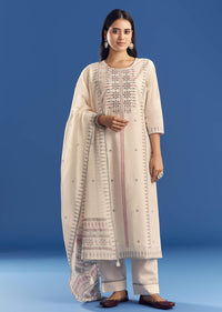 Ivory Thread Weave Mul Cotton Kurta Set With Dupatta
