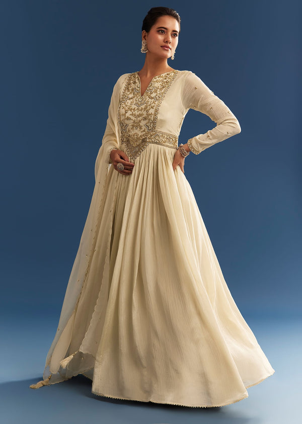 Ivory Tissue Anarkali Set With Tie-Up Back And Organza Dupatta