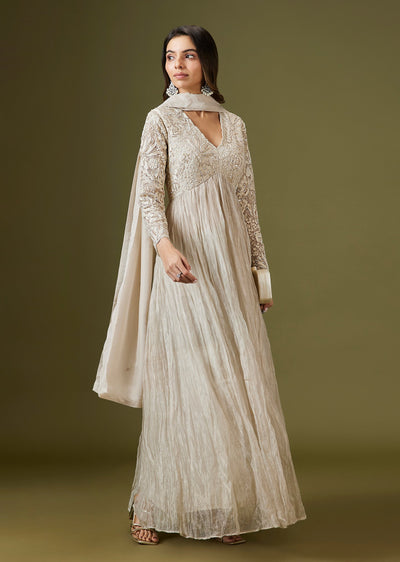 Ivory Tissue Anarkali Set With Sequins And Patchwork Embellishments