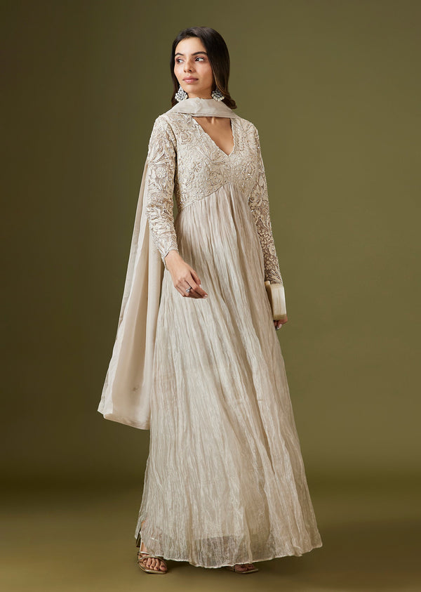 Ivory Tissue Anarkali Set With Sequins And Patchwork Embellishments