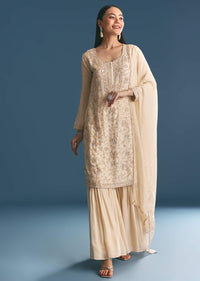 Ivory Tissue Kurta Sharara Suit With Sequins And Cut Dana Work