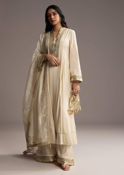 Ivory White Cotton Silk Anarkali Suit With Gotta Work