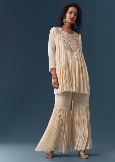 Ivory Zardosi & Moti Cape-Style Sharara Set