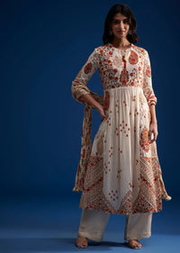 Ivory Linen Kurta Set With Floral Resham Work