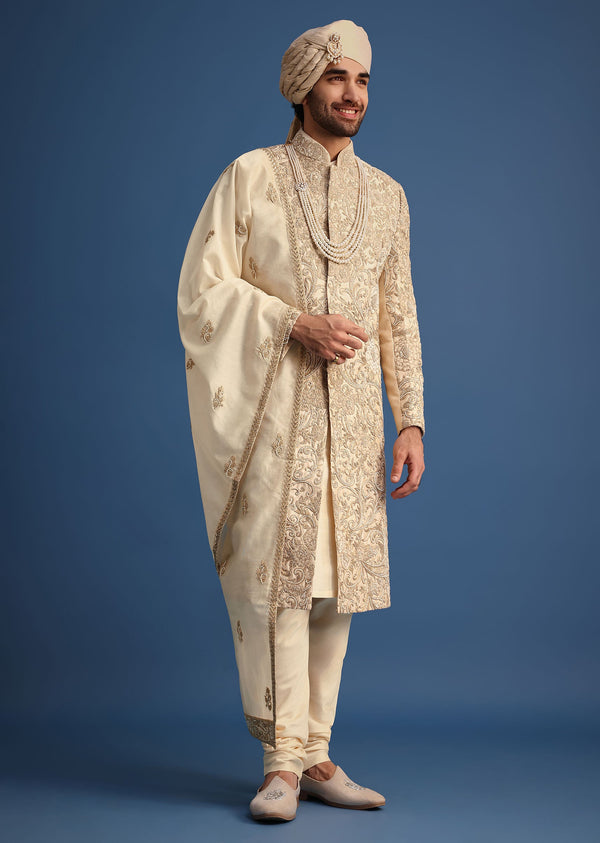 Ivory Sherwani Suit With Beads And Zari Work