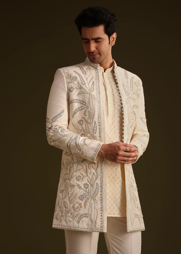 Ivory Silk Indo Western Set With Zardosi Work